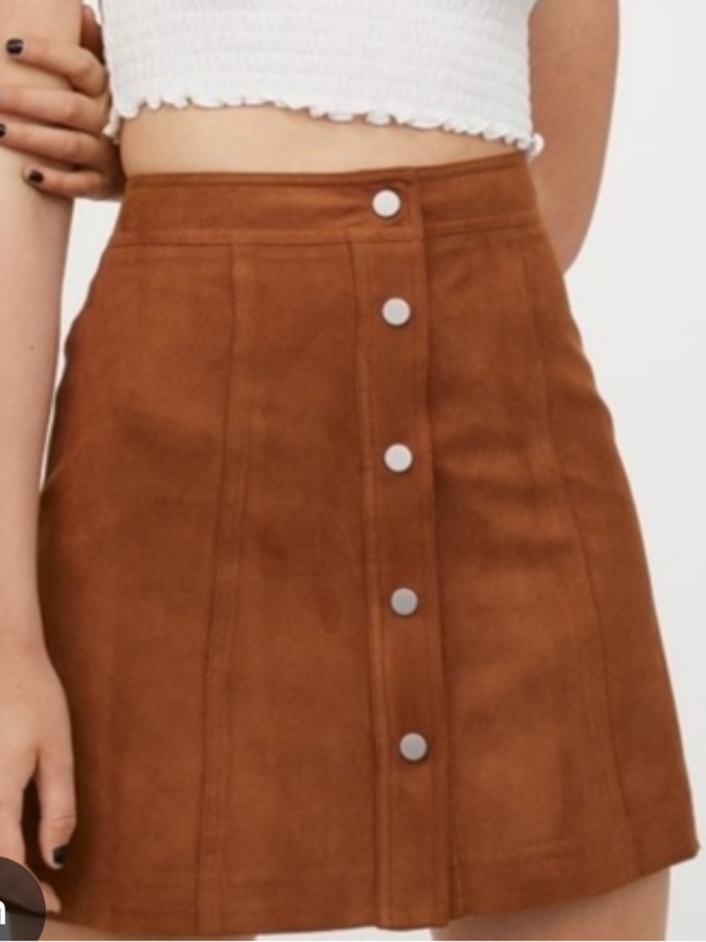 H&M Divide Faux Suede Camel A-Line Mini Skirt with Snap Front Women's 18